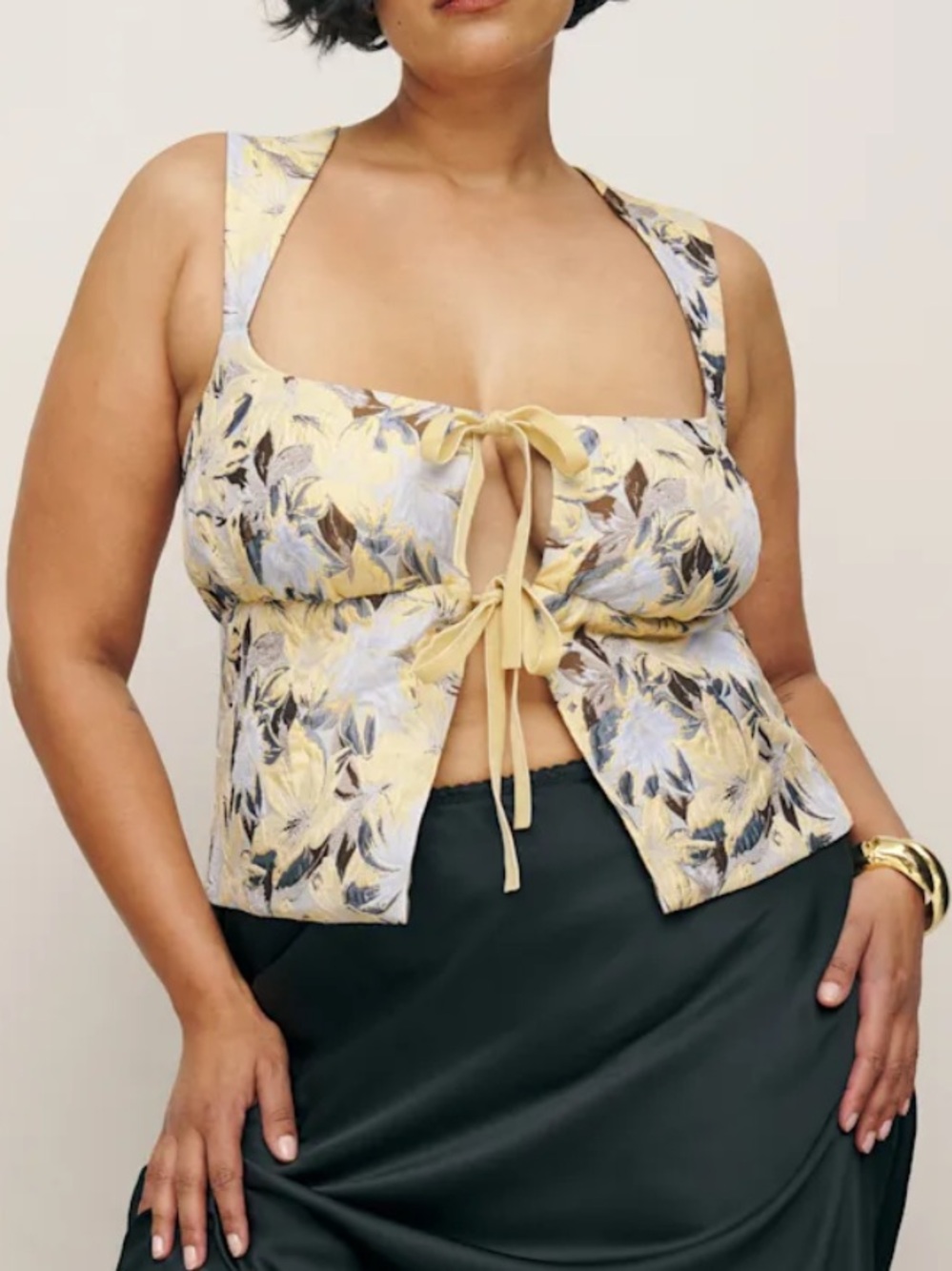 Reformation Azalea Top Es - Floral Tie-Front Crop Top in Yellow and Cream